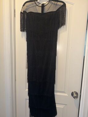 Black Fringe Maxi Dress with Sheer Yoke